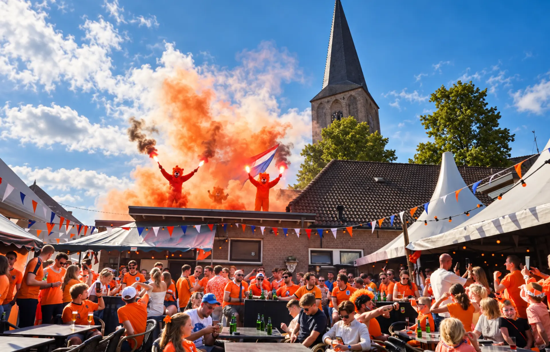 Oranje voetbalfeest op een terras met fakkels, vlaggetjes en een kerktoren op de achtergrond