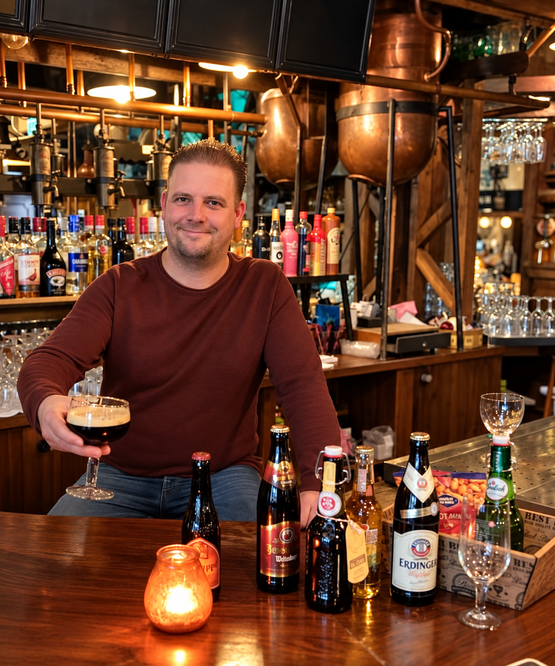 Kastelein Rudy achter de bar met een glas bier